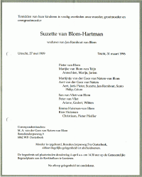 Overlijdenskaart S.A.E.W. (Suzette) van Blom-Hartman (1996)